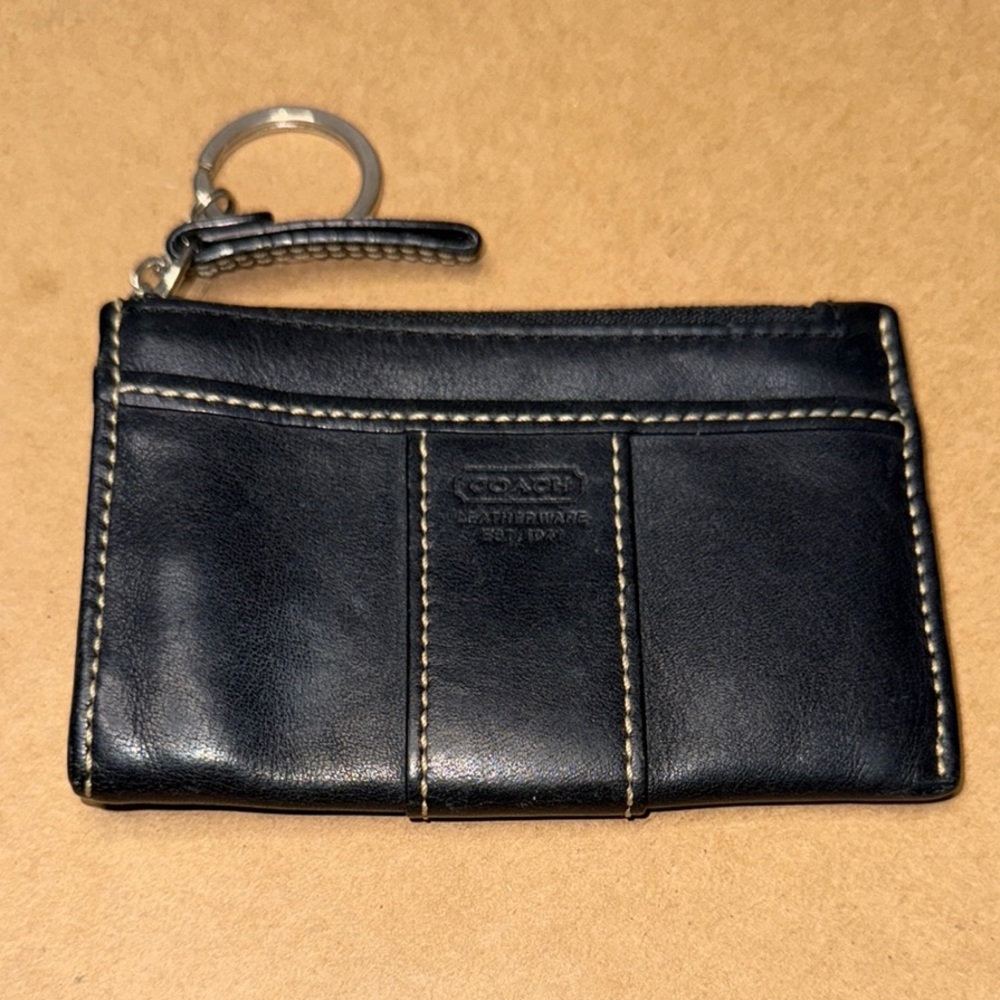 Vintage Coach Black Leather Mini Skinny ID Case Key Ring Wallet